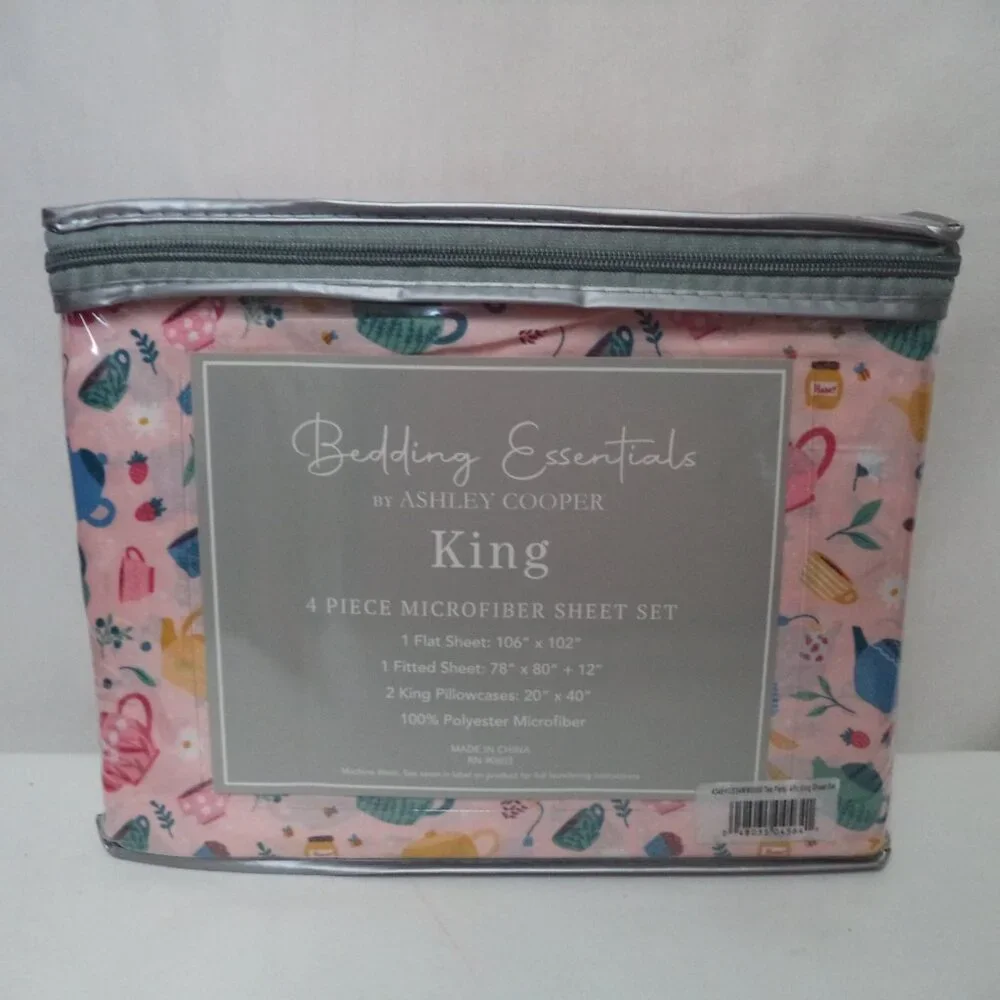 Ashley Copper Tea Party Cup pink 4 piece Micro Fiber King sheet set NEW NWT